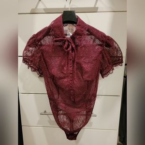 NWT Victoria's Secret Sheer Tie Neck Pussy Bow Blouse Bodysuit Small Maroon